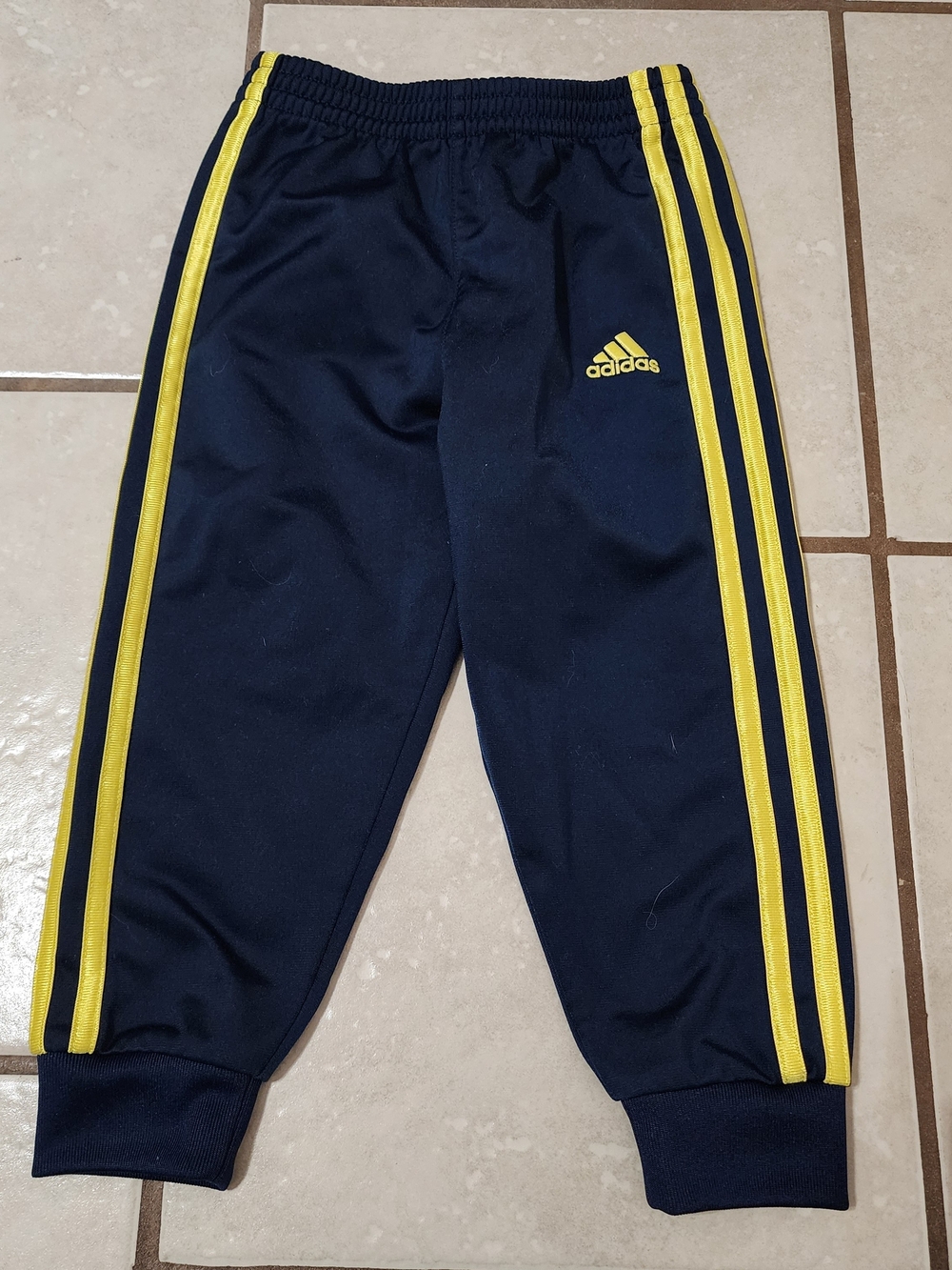 3T - Adidas Kids Navy Blue & Yellow 3-Stripe Tricot Track Pants